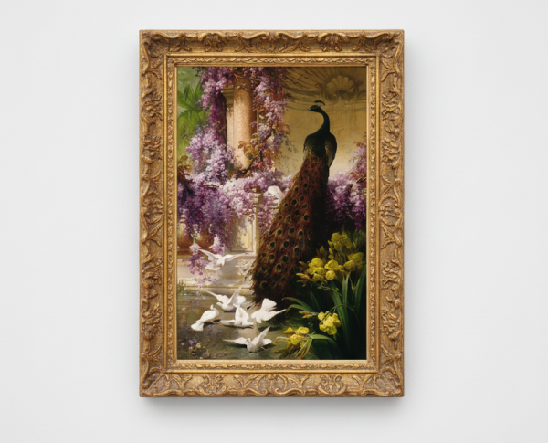 A Peacock and Doves in a Garden by Eugene Bidau Original Oil Painting Reproduction - GFM Painting