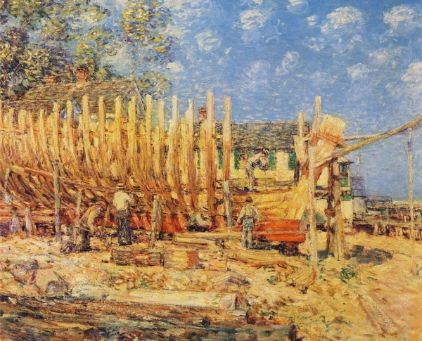 Building the Schooner, Provincetown by Frederick Childe Hassam Original Oil Painting - GFM Painting