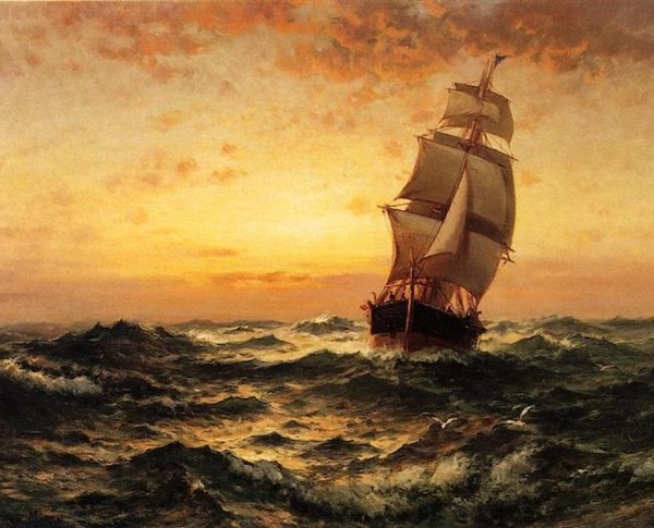 Ship at Sea, Sunset by Edward Moran Original Oil Painting - GFM Painting