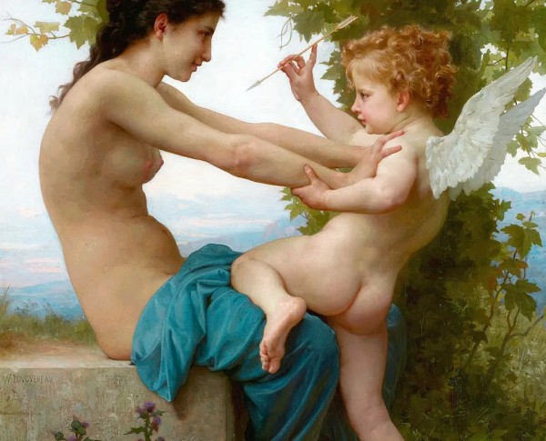 Young Girl Defending Herself against Eros 1880 by Academic Classicism Original Oil Painting - GFM Painting