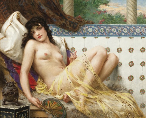 Odalisque with a Fan by Guillaume Seignac Original Oil Painting - GFM Painting