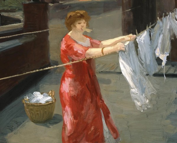 Red Kimono on the Roof by Ashcan School Original Oil Painting - GFM Painting