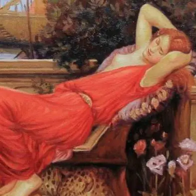 Hand-painted oil reproduction of Ariadne by John William Waterhouse – classical Pre-Raphaelite portrait of Ariadne in a flowing gown