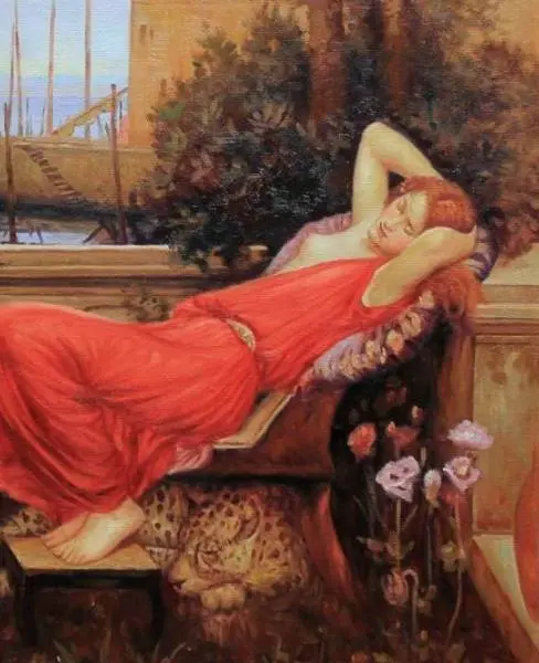Hand-painted oil reproduction of Ariadne by John William Waterhouse – classical Pre-Raphaelite portrait of Ariadne in a flowing gown