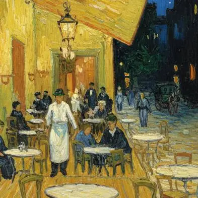 Hand-painted oil reproduction of The Café Terrace at Night by Vincent van Gogh – vibrant night scene of an Arles café with glowing lights