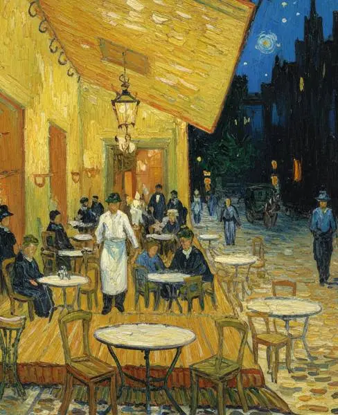 Hand-painted oil reproduction of The Café Terrace at Night by Vincent van Gogh – vibrant night scene of an Arles café with glowing lights