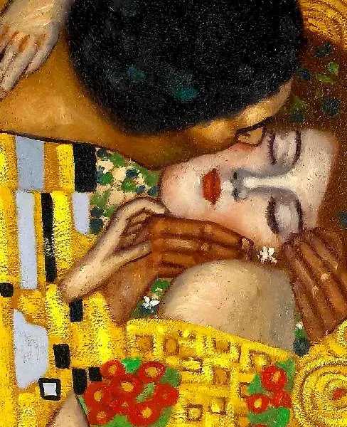 Hand-painted oil reproduction of The Kiss by Gustav Klimt – iconic golden Art Nouveau portrait of a couple embracing