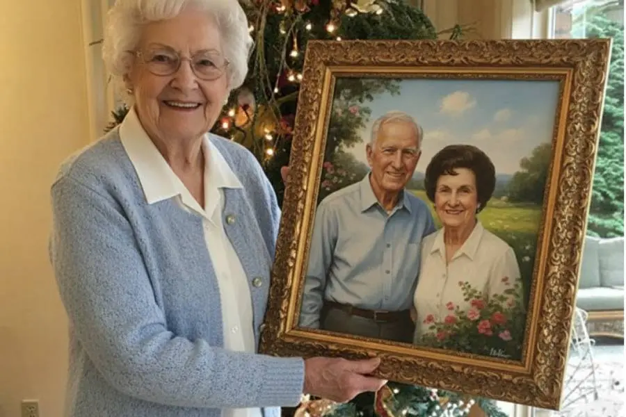 Elderly woman holding framed memorial painting of couple in garden beside Christmas tree