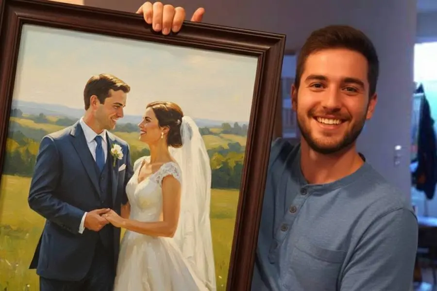 Man holding framed custom wedding portrait of bride and groom in scenic outdoor landscape