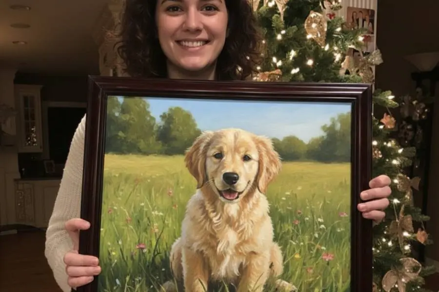 Custom hand-painted dog portrait by GFM Painting, personalised pet painting from photo in the UK