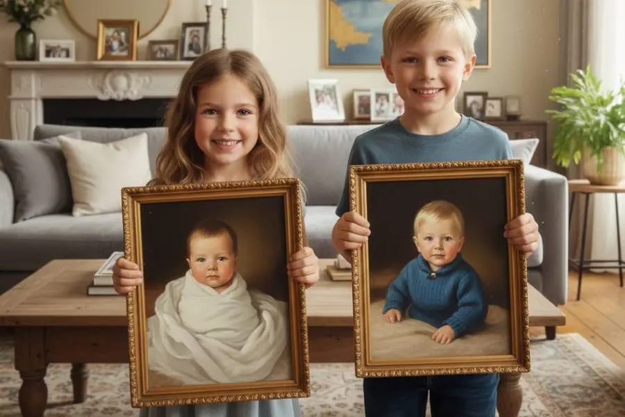 Children holding custom baby portrait paintings in a UK living room – GFM Painting commissioned artwork testimonial