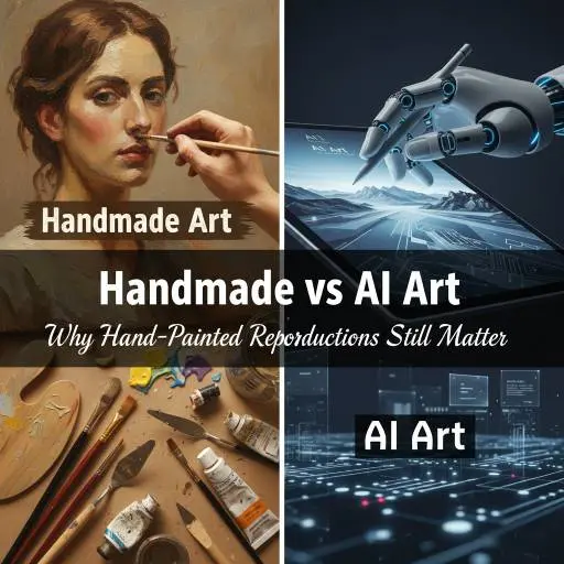 Handmade vs AI Art banner: painted canvas, robot hand, digital landscape.