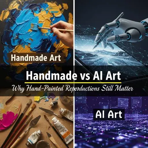 Art banner: traditional painting tools vs. AI digital creation, hand-painted reproductions.